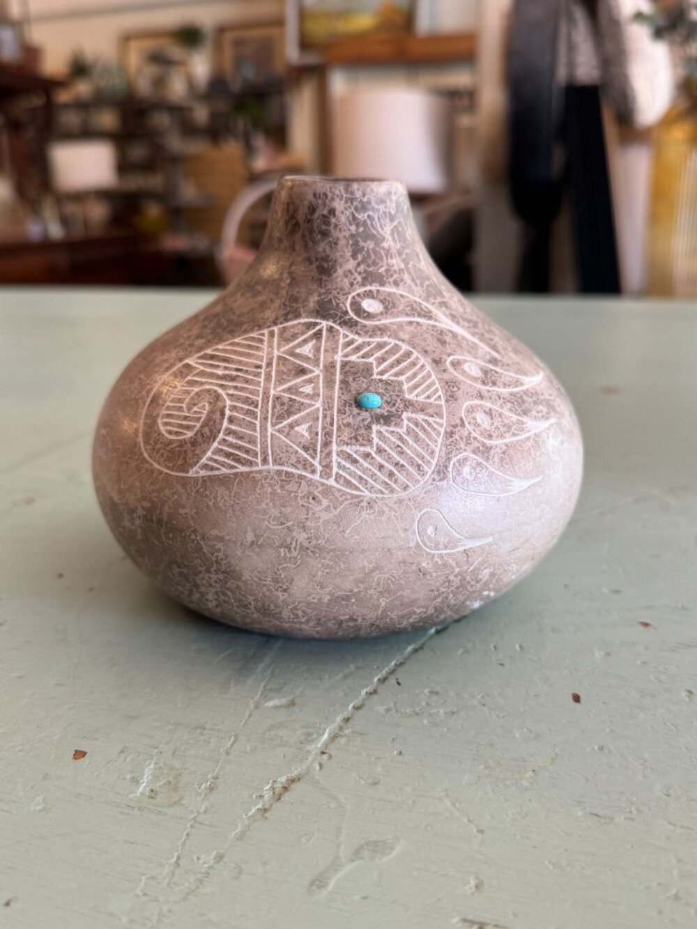 Acoma Pueblo Native American Pottery Vase Gary Yellow Corn Etched w Turquoise